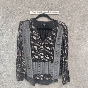 Lucky Brand Women’s Blouse Black Floral Embroidered M Southern Top Bell Sleeve